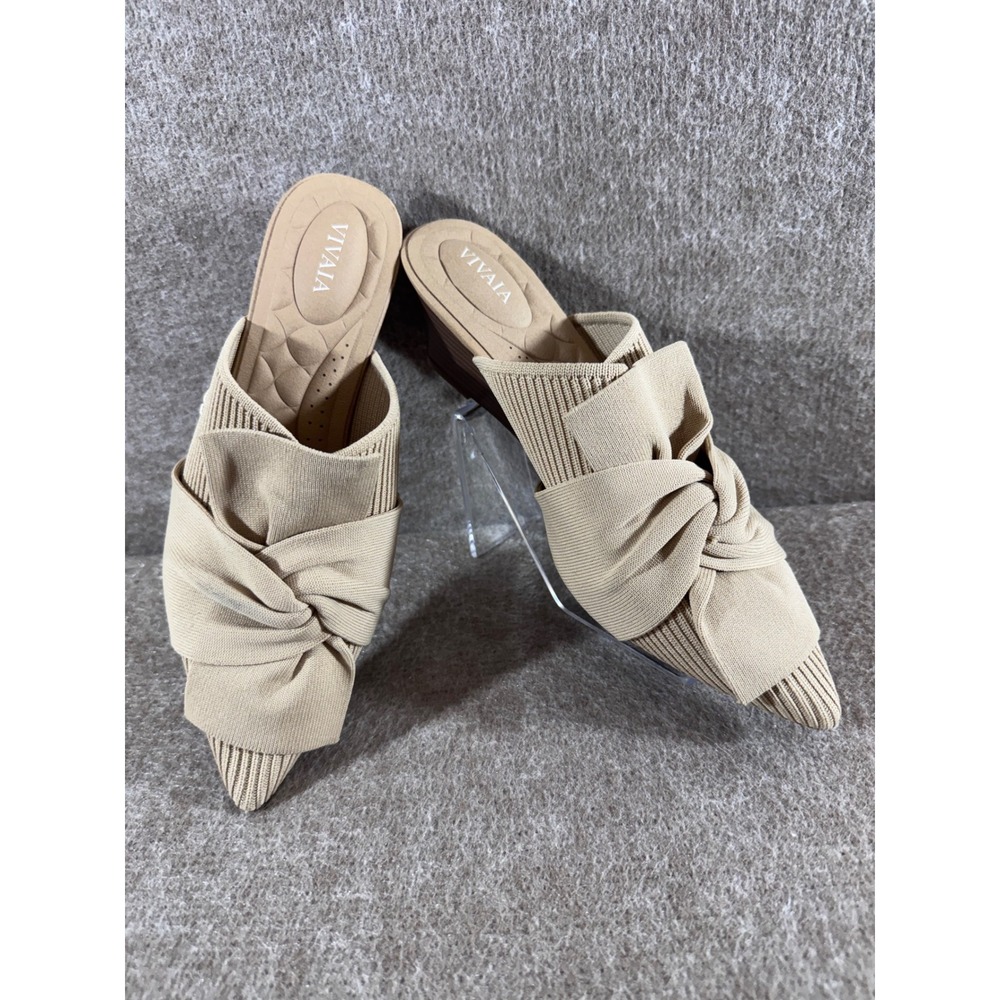 VIVAIA Knit Wedge Mules Women 37 Tan Pointed Toe Knotted Bow Sustainable Chic